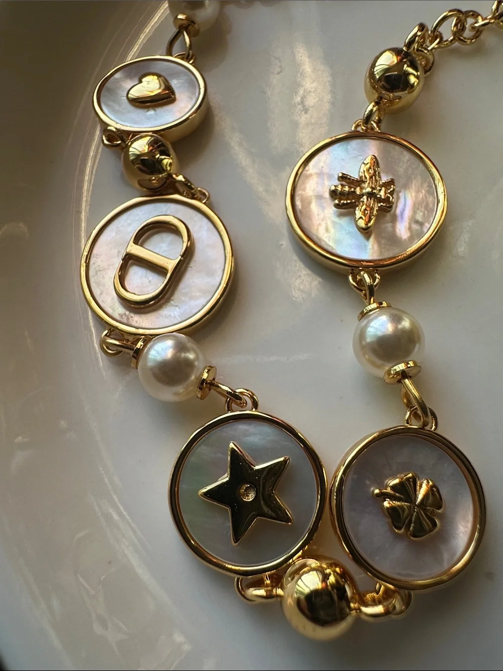 Like New - Dior Gold-Tone Mother-of-Pearl Charm Bracelet with Pearls